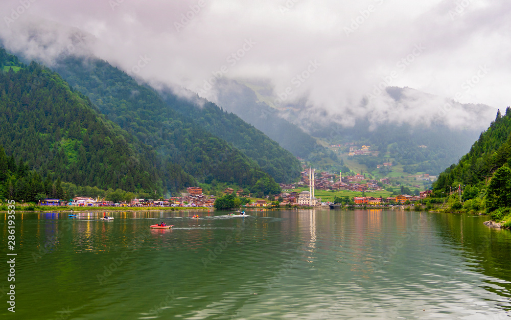 Fototapeta premium Panoramic view of Uzungol which is a tourist attraction in Trabzon, Turkey