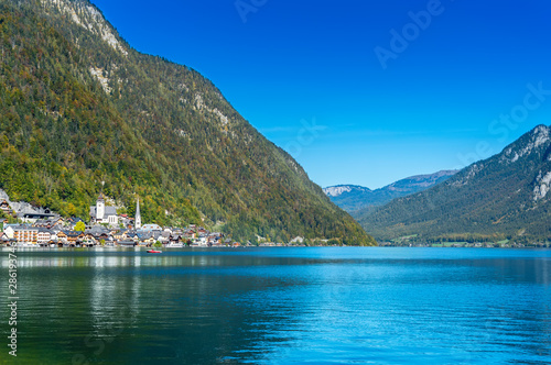 Hallstatt, Austria. Popular town on alpine lake Hallstatter See in Austrian Alps mountains in autumn