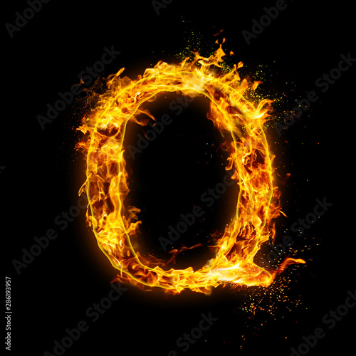 Letter Q. Fire flames on black isolated background, realistick fire effect with sparks. Part of alphabet set
