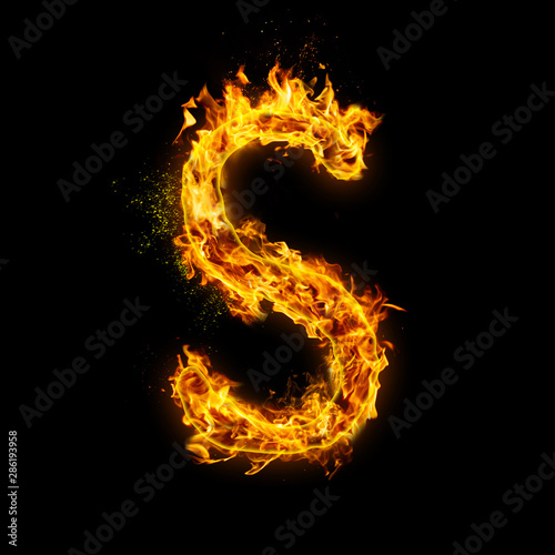Letter S. Fire flames on black isolated background, realistick fire effect with sparks. Part of alphabet set