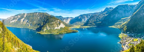 Hallstatt, Austria. Aerial view of Hallstatter See lake and mountains in Austrian Alps in autumn photo
