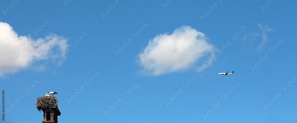 Travel - blue sky, stork nest, aeroplane Travel - blue sky, stork nest, aeroplane