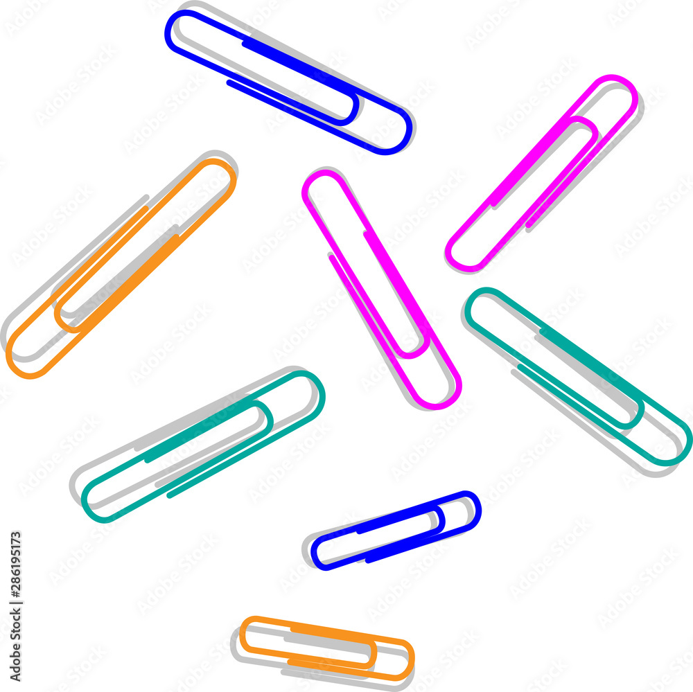 multicolored paper clips on a sheet of white paper, white background