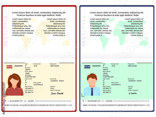 Vector Blank open international passport template. passport with sample personal data page. personal data page with woman photo and man photo . vector illustration photo