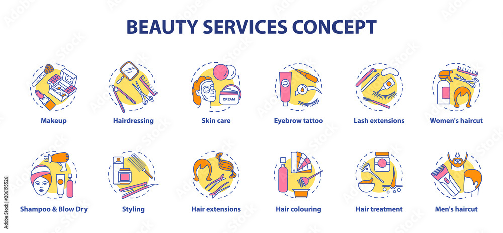 Fototapeta premium Beauty services concept icons set. Beauty salon, SPA face skin care procedures idea thin line illustrations. Hairdressing and makeup. Vector isolated outline drawings. Editable stroke