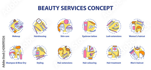 Beauty services concept icons set. Beauty salon, SPA face skin care procedures idea thin line illustrations. Hairdressing and makeup. Vector isolated outline drawings. Editable stroke