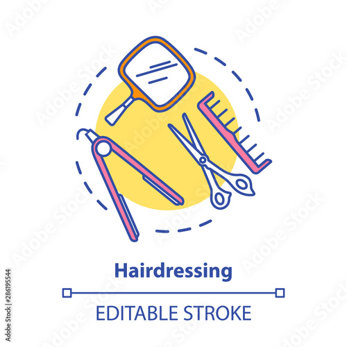 Hairdressing concept icon. Hairdresser salon professional equipment, hairstylist tools idea thin line illustration. Scissors, comb, straightening iron. Vector isolated outline drawing. Editable stroke