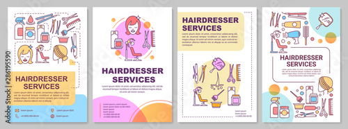 Hairdresser services brochure template layout. Hairdressing salon flyer, booklet, leaflet print design with linear illustrations. Vector page layouts for magazines, annual reports, advertising posters