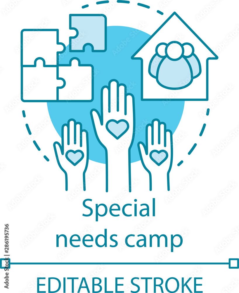Special needs camp concept icon. Summer handicapped, charity club, community idea thin line illustration. Social aid, assistance organisation. Vector isolated outline drawing. Editable stroke Special needs camp concept icon. Summer handicapped, charity club, community idea thin line illustration. Social aid, assistance organisation. Vector isolated outline drawing. Editable stroke