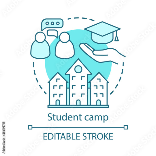 Student camp concept icon. Summer educational club, community idea thin line illustration. Sharing learning experience. College, university facility. Vector isolated outline drawing. Editable stroke