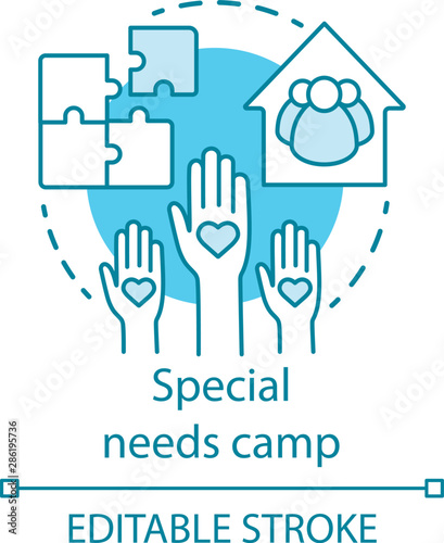 Special needs camp concept icon. Summer handicapped, charity club, community idea thin line illustration. Social aid, assistance organisation. Vector isolated outline drawing. Editable stroke