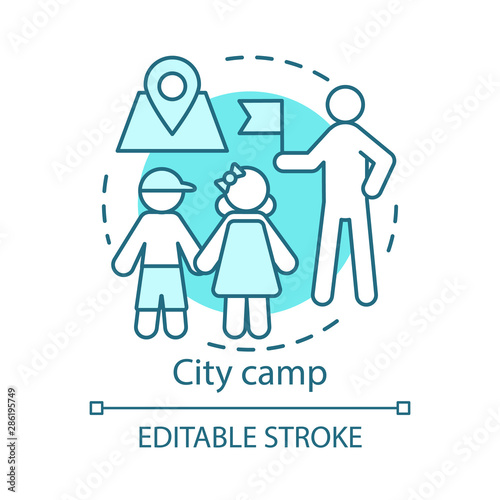 City camp concept icon. Summer urban children club, holiday pastime idea thin line illustration. Exploring town, visiting city landmarks. Vector isolated outline drawing. Editable stroke
