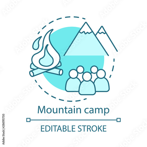 Mountain camp concept icon. Summer hiking and camping club, holiday resort idea thin line illustration. Travelling in mountain, rock climbing. Vector isolated outline drawing. Editable stroke