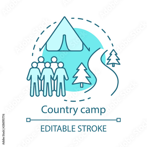 Country camp concept icon. Summer hiking and camping club, holiday resort idea thin line illustration. Travelling in woods, backpacking in forest. Vector isolated outline drawing. Editable stroke
