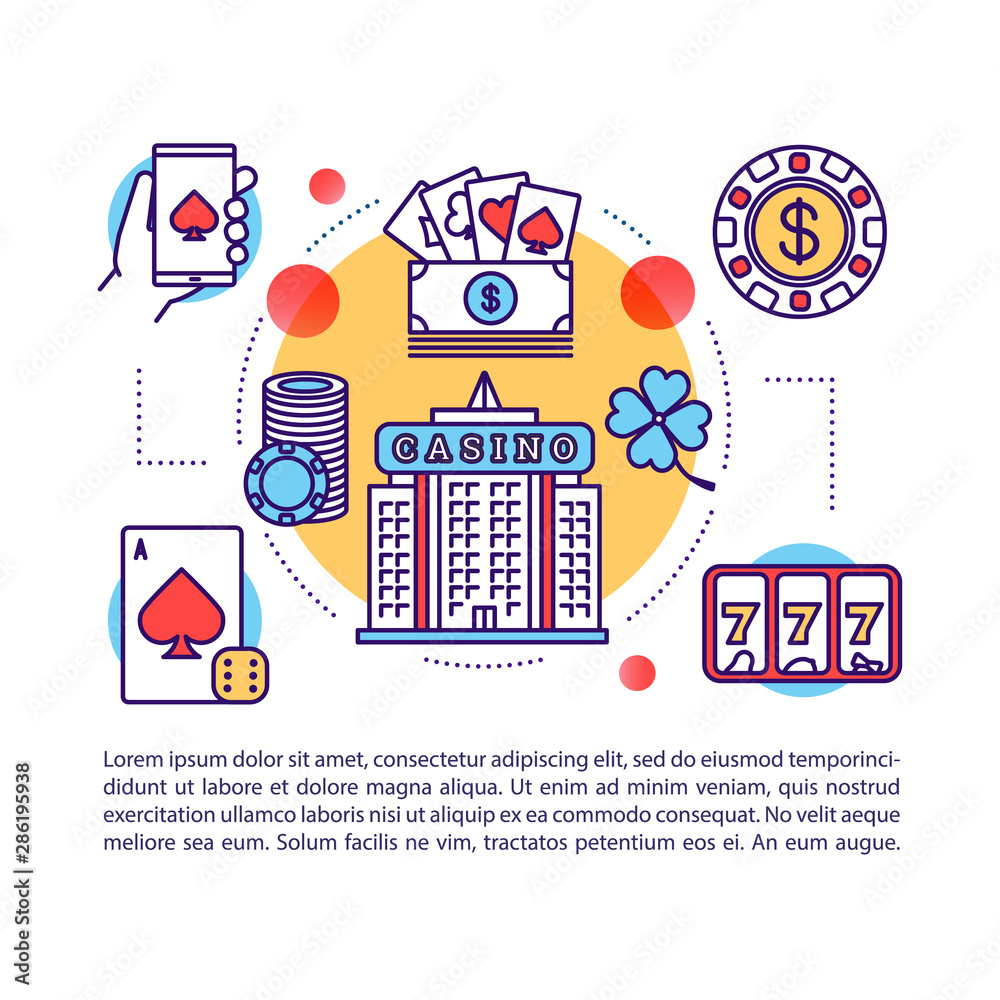 Casino article page vector template. Las Vegas. Gambling & games of chance. Poker, slots, betting. Brochure, magazine, booklet element with linear icons and text. Print design. Concept illustrations