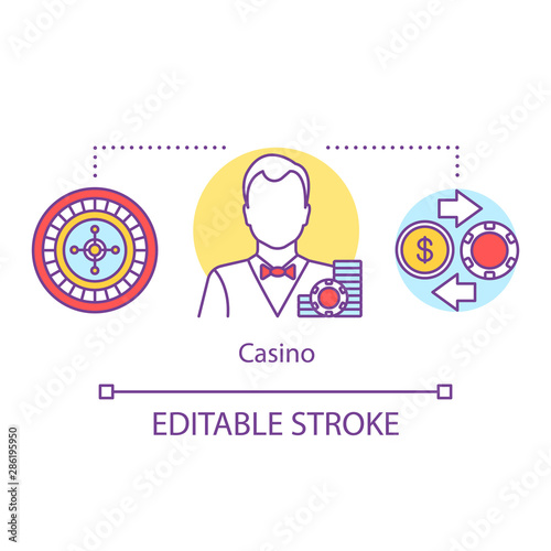 Casino concept icon. Croupier & card dealer idea thin line illustration. Poker, roulette games, betting. Gambling, games of chance. Vector isolated outline drawing. Editable stroke