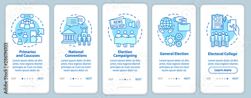 Elections onboarding mobile app page screen with linear concepts. Politics and social events. Five walkthrough steps graphic instructions. UX, UI, GUI vector template with illustrations
