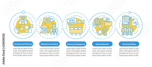 Election day vector infographic template. Business presentation design elements. Data visualization with five steps and options. Process timeline chart. Workflow layout with linear icons