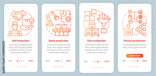 Manufacturing method red onboarding mobile app page screen vector template. Job, batch, flow, process production. Walkthrough website steps with linear icons. UX, UI, GUI smartphone interface concept