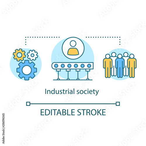 Industrial society concept icon. Labor industrialization idea thin line illustration. Urbanization, technological innovation. Modernization process. Vector isolated outline drawing. Editable stroke