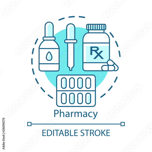 Pharmacy concept icon. Pharmacological products. Medicine, drugs in tablets, drops, capsules. Treatment plan. Drugstore idea thin line illustration. Vector isolated outline drawing. Editable stroke