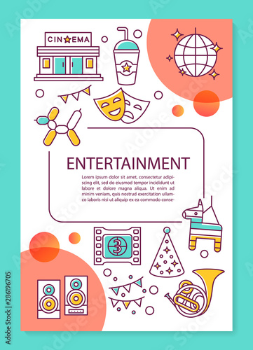 Entertainment industry poster template layout. Cinema, music and events. Banner, booklet, leaflet print design with linear icons. Vector brochure page layouts for magazines, advertising flyers