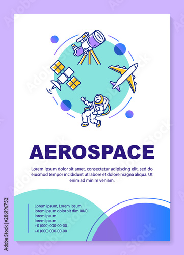 Aerospace industry poster template layout. Cosmos, space exploration. Banner, booklet, leaflet print design with linear icons. Vector brochure page layouts for magazines, advertising flyers
