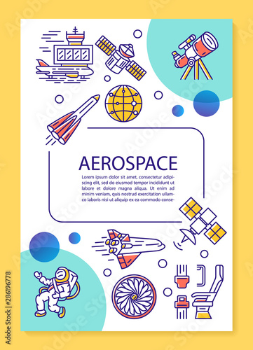 Aerospace industry poster template layout. Cosmos, space exploration. Banner, booklet, leaflet print design with linear icons. Vector brochure page layouts for magazines, advertising flyers