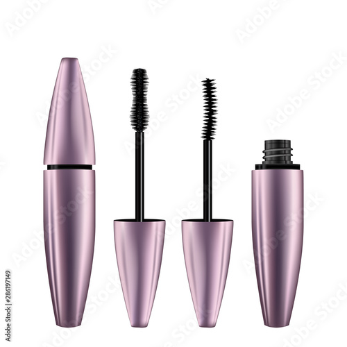 A mascara tube and wand applicator. Cosmetic bottle with eyelash brush. Isolated on white background. 3d realistic   illustration. Good for web design, banners, posters, ad, advertising.