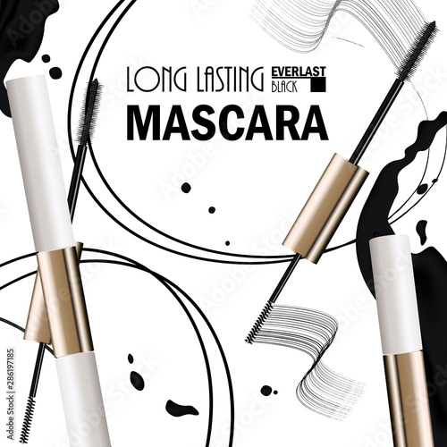 Beautiful Poster for the promotion of cosmetic premium mascara product. Cosmetic ads for packaging  with liquid smear ink elements. Design of New Product. 3d