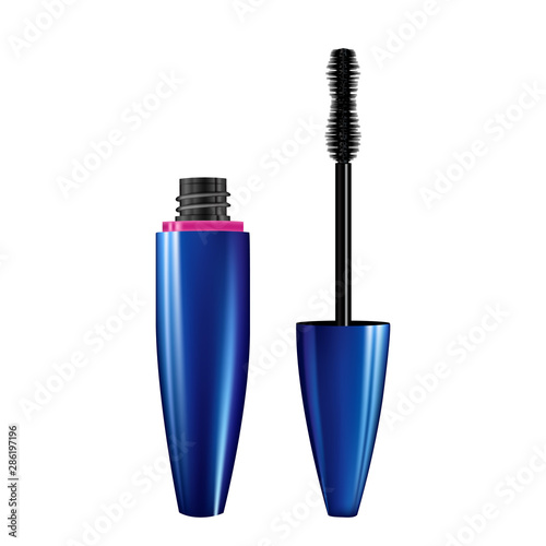 A mascara tube and wand applicator. Cosmetic bottle with eyelash brush. Isolated on white background. 3d realistic   illustration. Good for web design, banners, posters, ad, advertising.