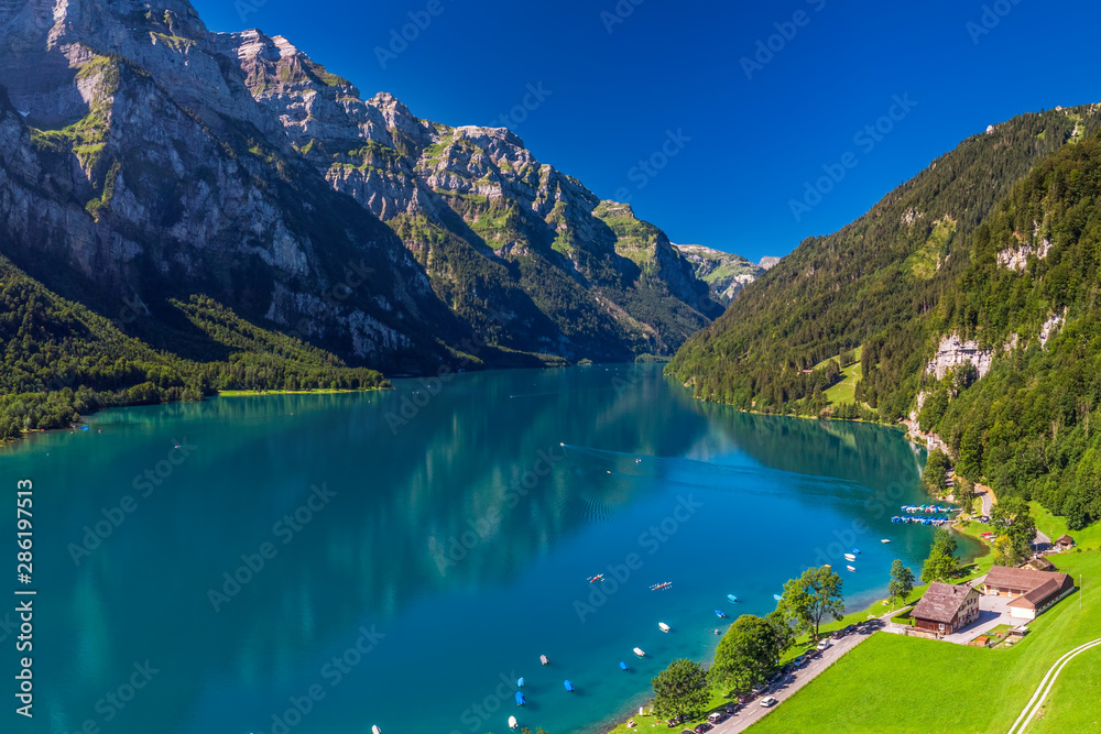 Klontalersee lake in canton Glarus, Switzerland, Europe.