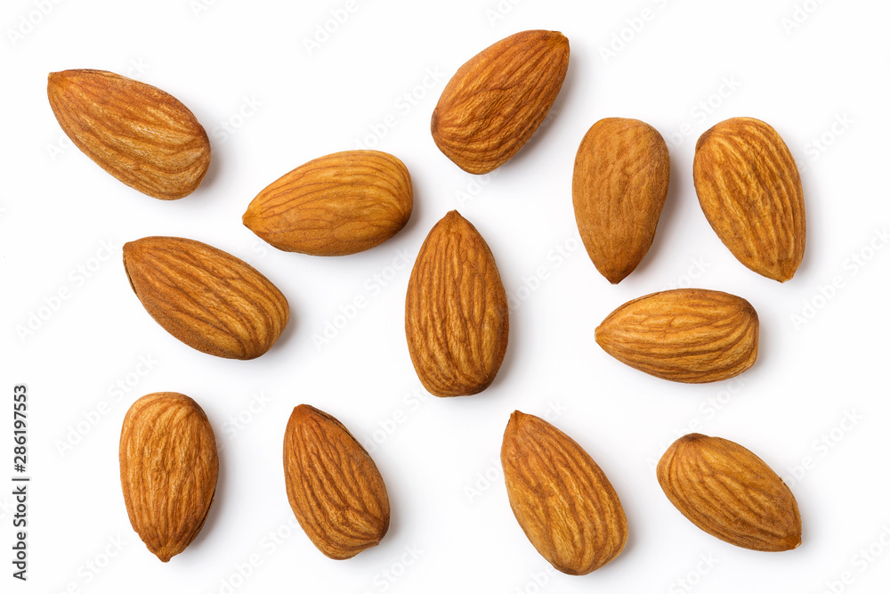 Top view of almonds isolated on white background. Top view of almonds isolated on white background.