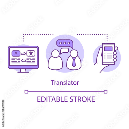 Translation services concept icon. Translator career, profession idea thin line illustration. Written, spoken foreign language interpretation. Vector isolated outline drawing. Editable stroke