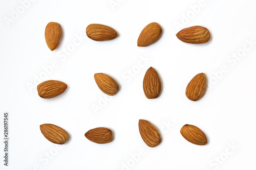 Top view of almonds isolated on white background.