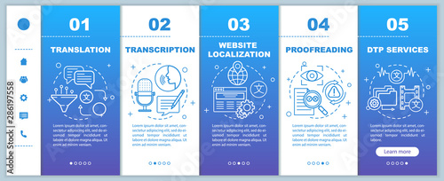 Text services onboarding mobile web pages vector template. Translation. Responsive smartphone website interface idea with linear illustrations. Webpage walkthrough step screens. Color concept
