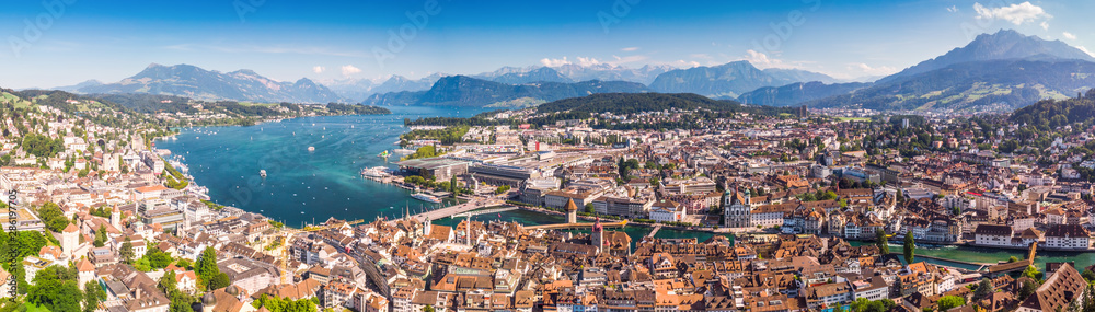 Historic city center of Lucerne with famous Chapel Bridge and lake Lucerne,  Switzerland