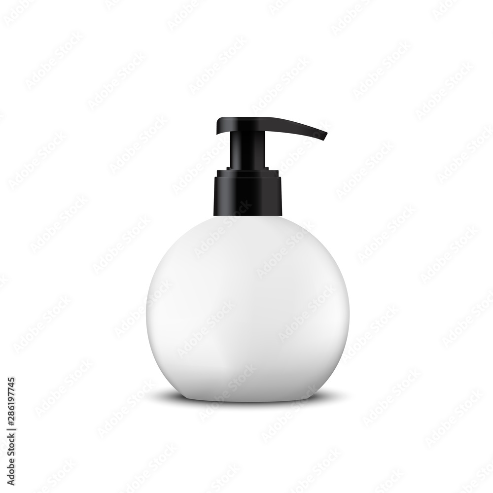 Cosmetic luxury packaging, plastic tube. Container with small black cap. Soup  dispenser mock-up for oil, face moisturizer cream, toothpaste, scrub or gel. Isolated on white background