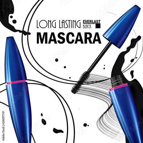 Beautiful Poster for the promotion of cosmetic premium mascara product. Cosmetic ads for packaging  with liquid smear ink elements. Design of New Product. 3d