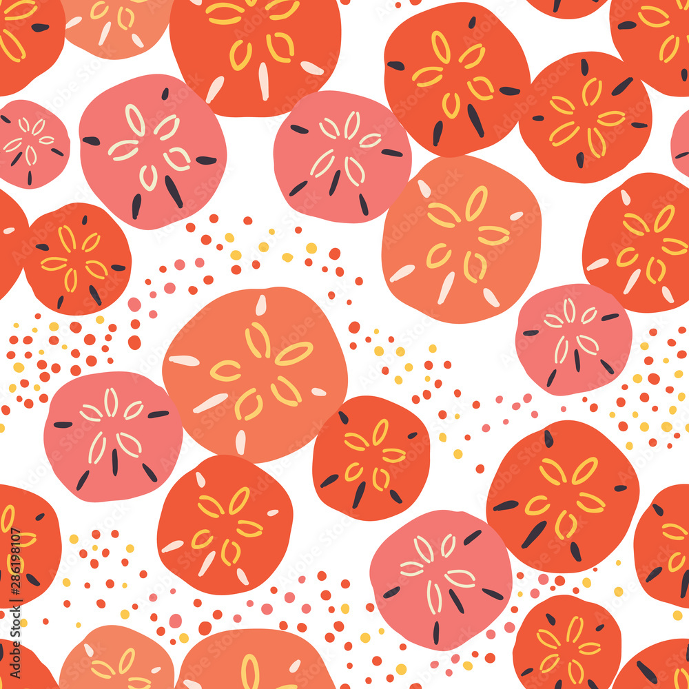 Foto auf Acrylglas mit Überlagertes nahtloses Muster des Sanddollars in der Orange, in der Koralle und im Rosa. Ideal für Strandhochzeitseinladungen, Spa- und Resortmode, Textilien, Strandaccessoires und Strandhausdekoration. Vektor. #286198107