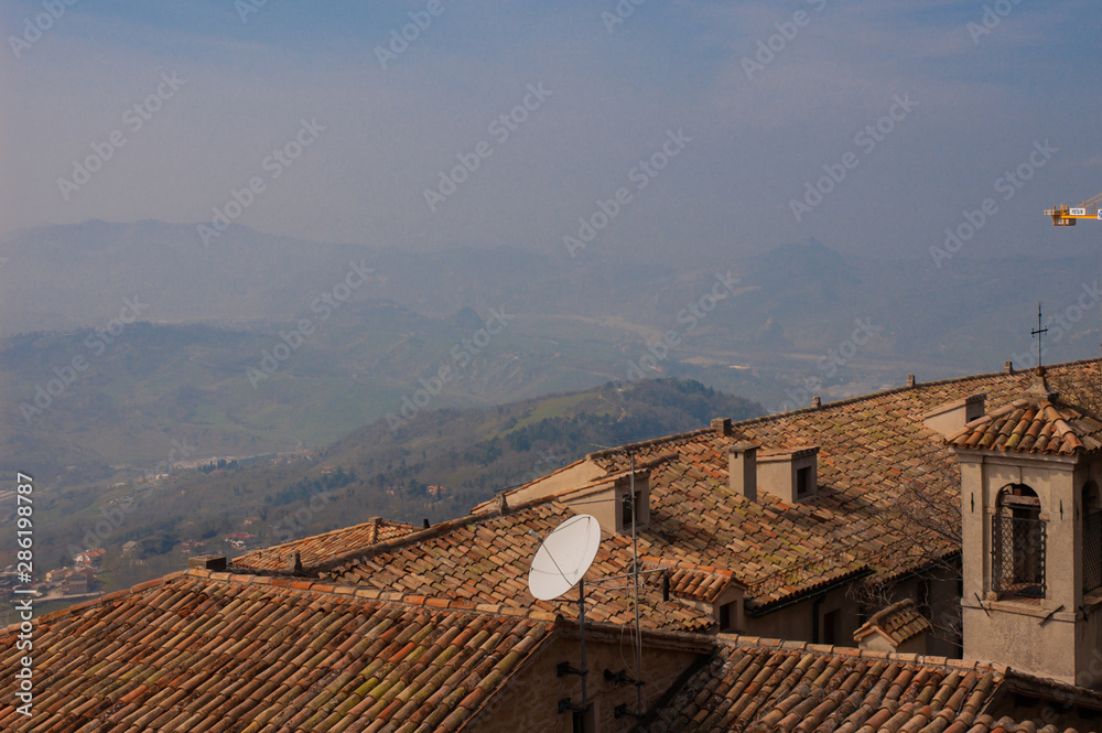 San marino misty panorama with hills and valley