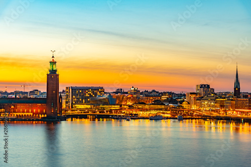 Sunset view of the town hall in Stockholm, Sweden photo