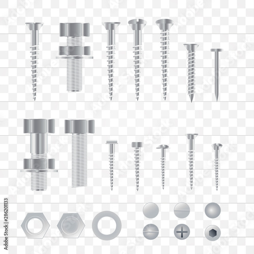 Set of 3d realistic metal screws, stainless steel bolts, nuts, rivets and nails isolated on a transparent background. 