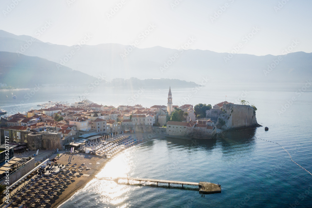 aerial view of the Old Town Budva at sunrise