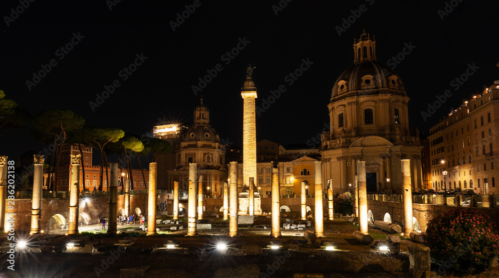 Trajan's Forum at night in Piazza Venezia.