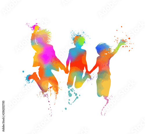 Silhouettes of jumping multicolored friends. Happy Friends Day. Usable as greeting cards, posters, clothing, t-shirt for your friends. Vector illustration