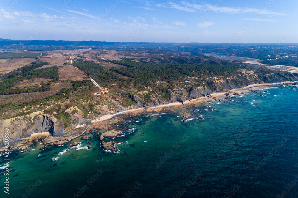 Aerial view of the Carreagem Beach and coastline in Aljezur, Algarve;