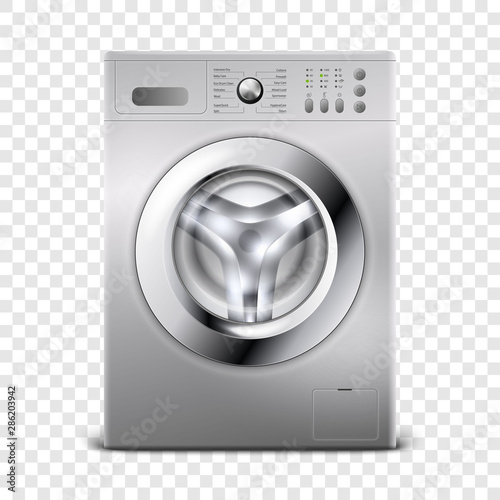 Vector 3d Realistic Modern Silver Steel Closed Washing Machine Icon Closeup Isolated on Transparent Background. Design Template of Wacher. Front View, Laundry Concept