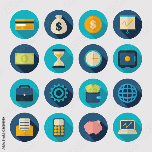 money piggy bank calculator clock currency finance icons flat design