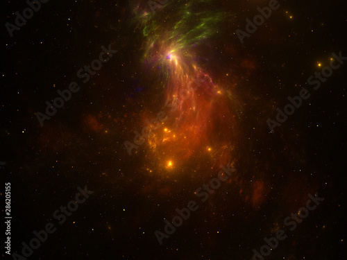 Nebula and galaxies in infinite space - starfield  stars and space dust scattered throughout a vast universe. Swirling black hole  burst of light from birth of stars  illustration  cosmic artwork.